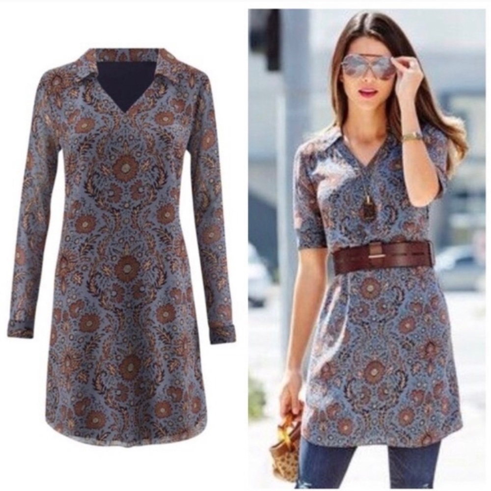 CAbi Size M Provincial Shirt Dress #3295 Long Sleeves Blue and Rust Flor…